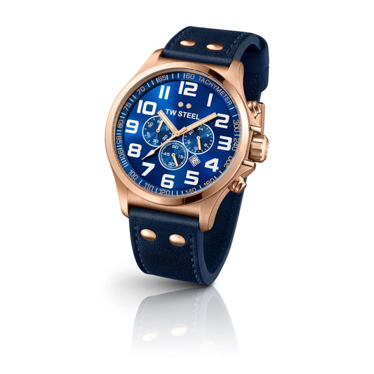 TW Steel Pilot 48mm PVD Rose Gold Plated Chronograph Blue On Leather Strap TW407