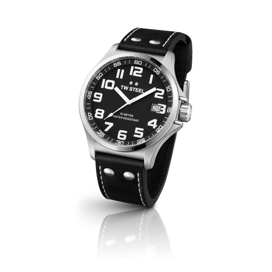 TW Steel Pilot 45mm Steel Black On Leather Strap TW408