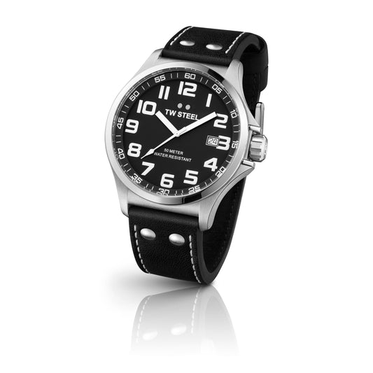 TW Steel Pilot 48mm Steel Black On Leather Strap TW409