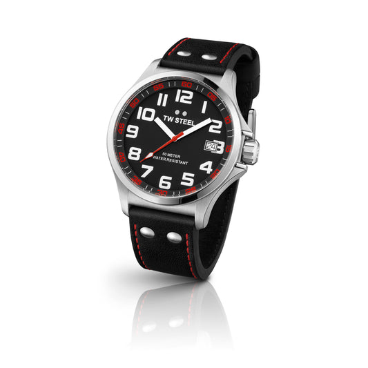 TW Steel Pilot 45mm Steel Black With Red Accents On Leather Strap TW410