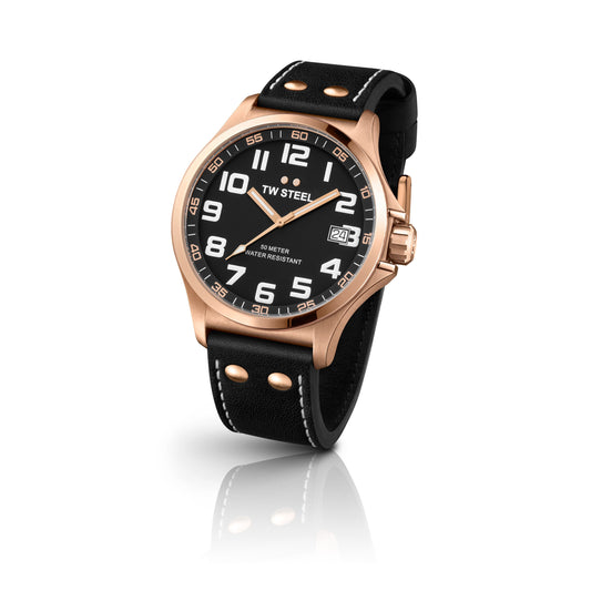 TW Steel Pilot 45mm PVD Rose Gold Plated Black On Leather Strap TW416