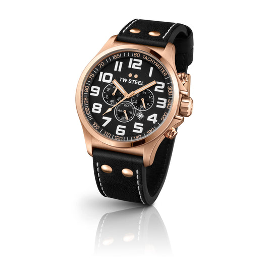 TW Steel Pilot 48mm PVD Rose Gold Plated Chronograph Black On Leather Strap TW419