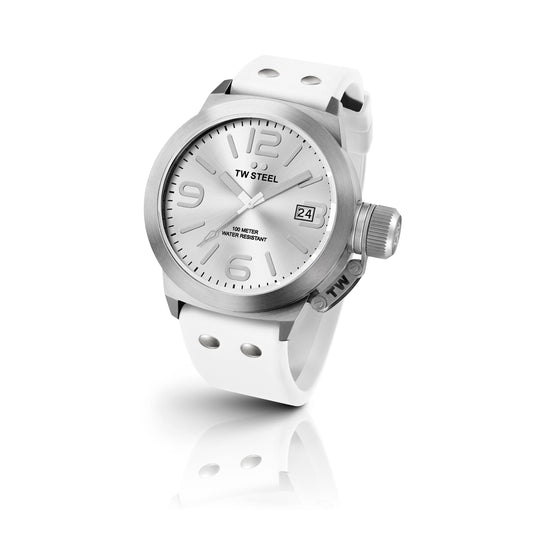 TW Steel Canteen 45mm Steel White Sunray On Silicon Strap TW535