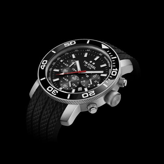 TW Steel Grandeur 48mm Steel Chronograph Black Ceramic Bezel White Numbers On Silicon Strap TW701