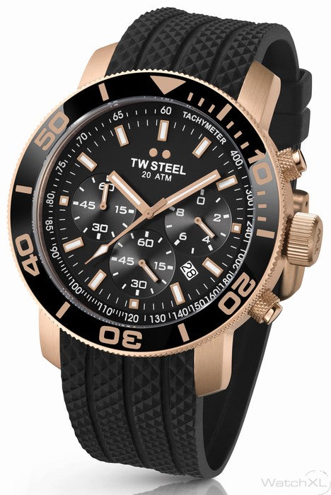 TW Steel Grandeur 48mm PVD Rose Gold Plated Chronograph Black With Rosegold Numbers On Silicon Strap TW703