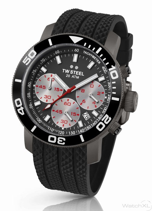 TW Steel Grandeur 45mm PVD Dark Titatium Plated Chronograph Titanium Black With White Numbers On Silicon Strap TW704