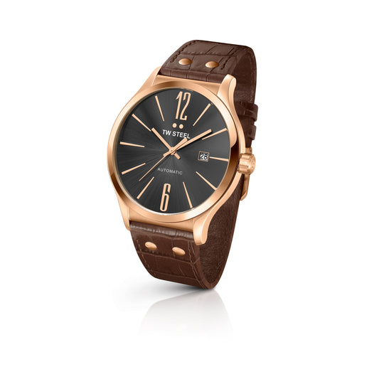 TW Steel Slim Line 45mm Steel PVD Rose Gold Plated Automatic Sunray Grey On Leather Strap TWA1312