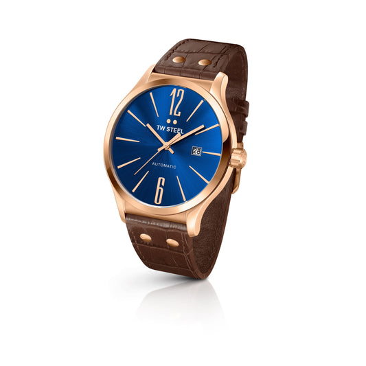 TW Steel Slim Line 45mm Steel PVD Rose Gold Plated Automatic Sunray Blue On Leather Strap TWA1313