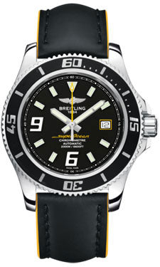 Breitling Superocean 44 Polished Steel A17391A8/BA78 Leather Black Yellow Strap Tang Mens Watch