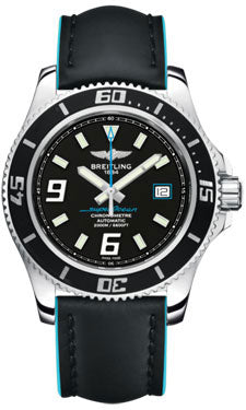 Breitling Superocean 44 Polished Steel A17391A8/BA79 Leather Black Turquoise Strap Tang Mens Watch