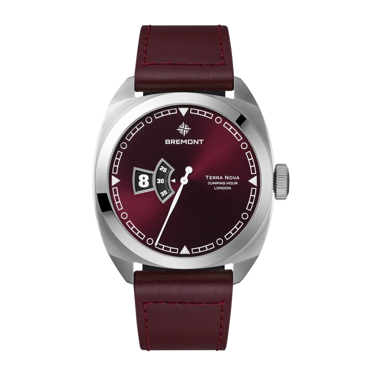 Bremont Watches | Mens | Terra Nova Terra Nova 40.5mm Jumping Hour Burgundy Leather Strap TN40-JH-SS-BG-L-S