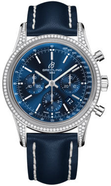 Breitling Transocean Chronograph Stainless Steel Dia Case AB0152AF/BA99 Blue Leather Deployant Mens Watch