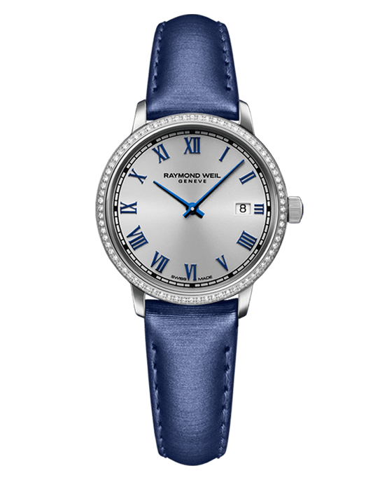 Toccata Ladies 76 Diamonds Silver Dial Blue Satin Strap Watch, 29mm