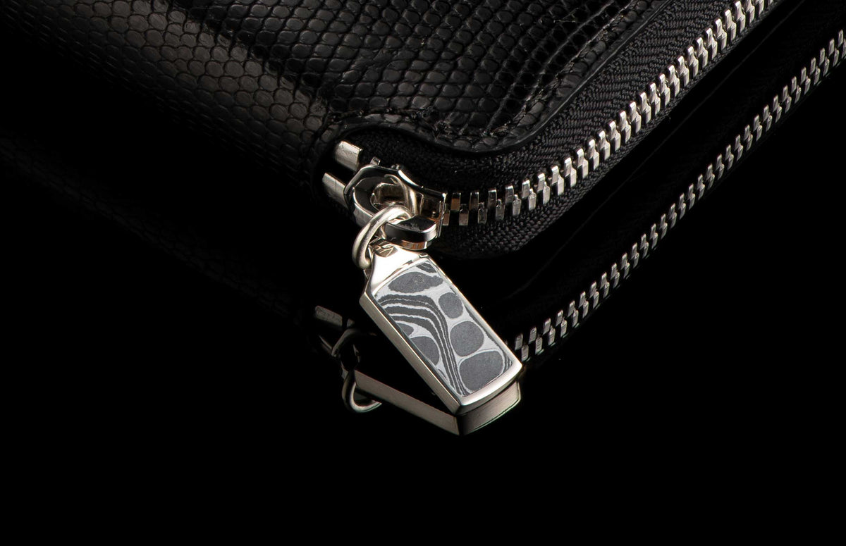 William Henry LEATHER Large Zipper Wallet - Midnight Lizard / Damascus ZW LIZ BLK DAM