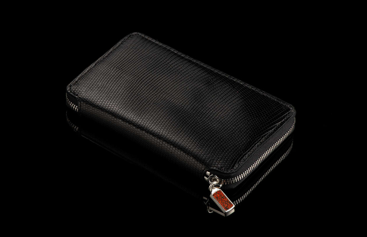 William Henry LEATHER Large Zipper Wallet - Midnight Lizard / Silver ZW LIZ BLK S