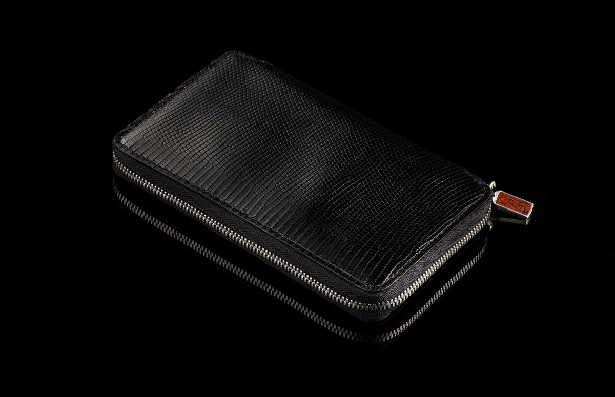 William Henry LEATHER Large Zipper Wallet - Midnight Lizard / Damascus ZW LIZ BLK DAM