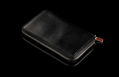 William Henry LEATHER Large Zipper Wallet - Midnight Lizard / Damascus ZW LIZ BLK DAM