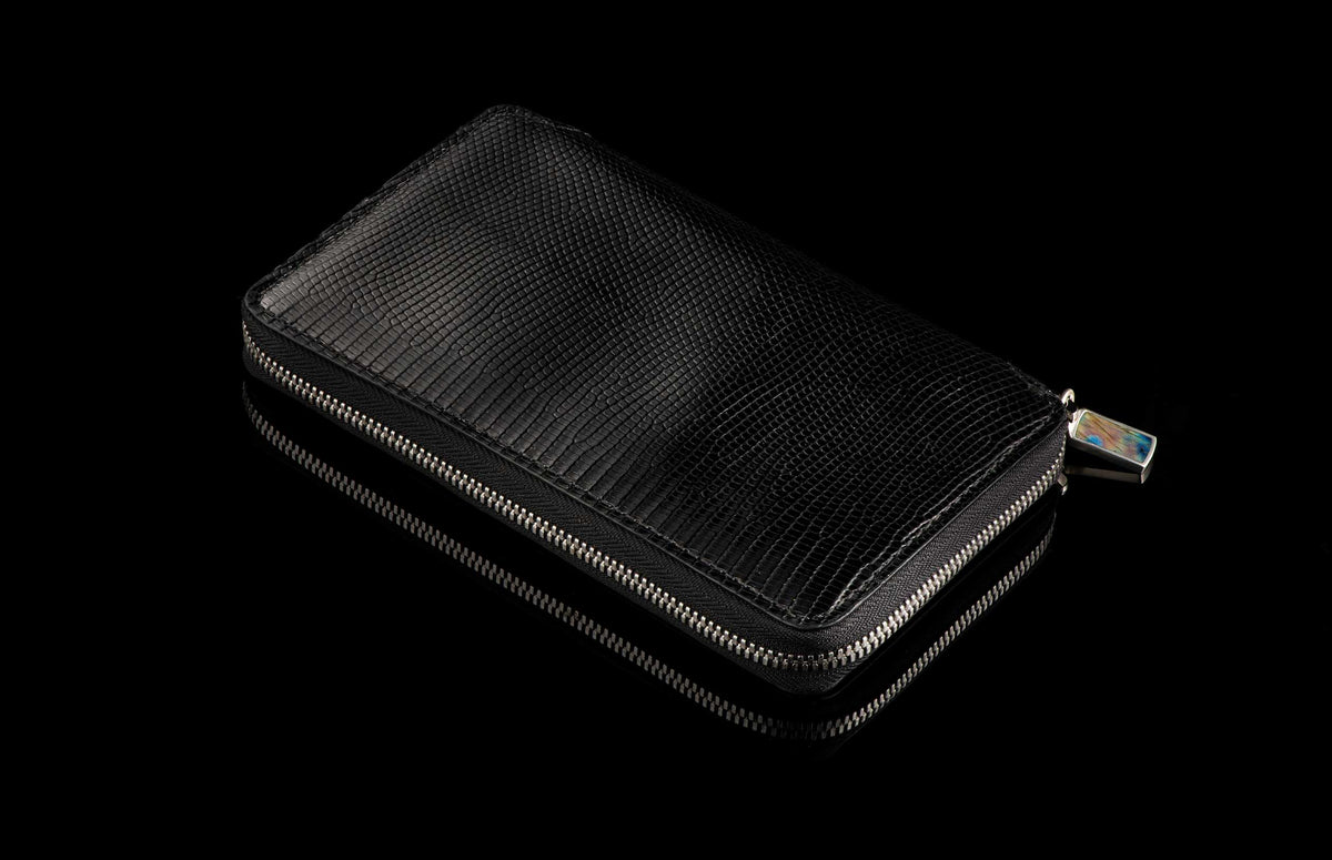 William Henry LEATHER Large Zipper Wallet - Midnight Lizard / Damascus ZW LIZ BLK DAM