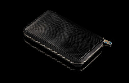 William Henry LEATHER Large Zipper Wallet - Midnight Lizard / Damascus ZW LIZ BLK DAM