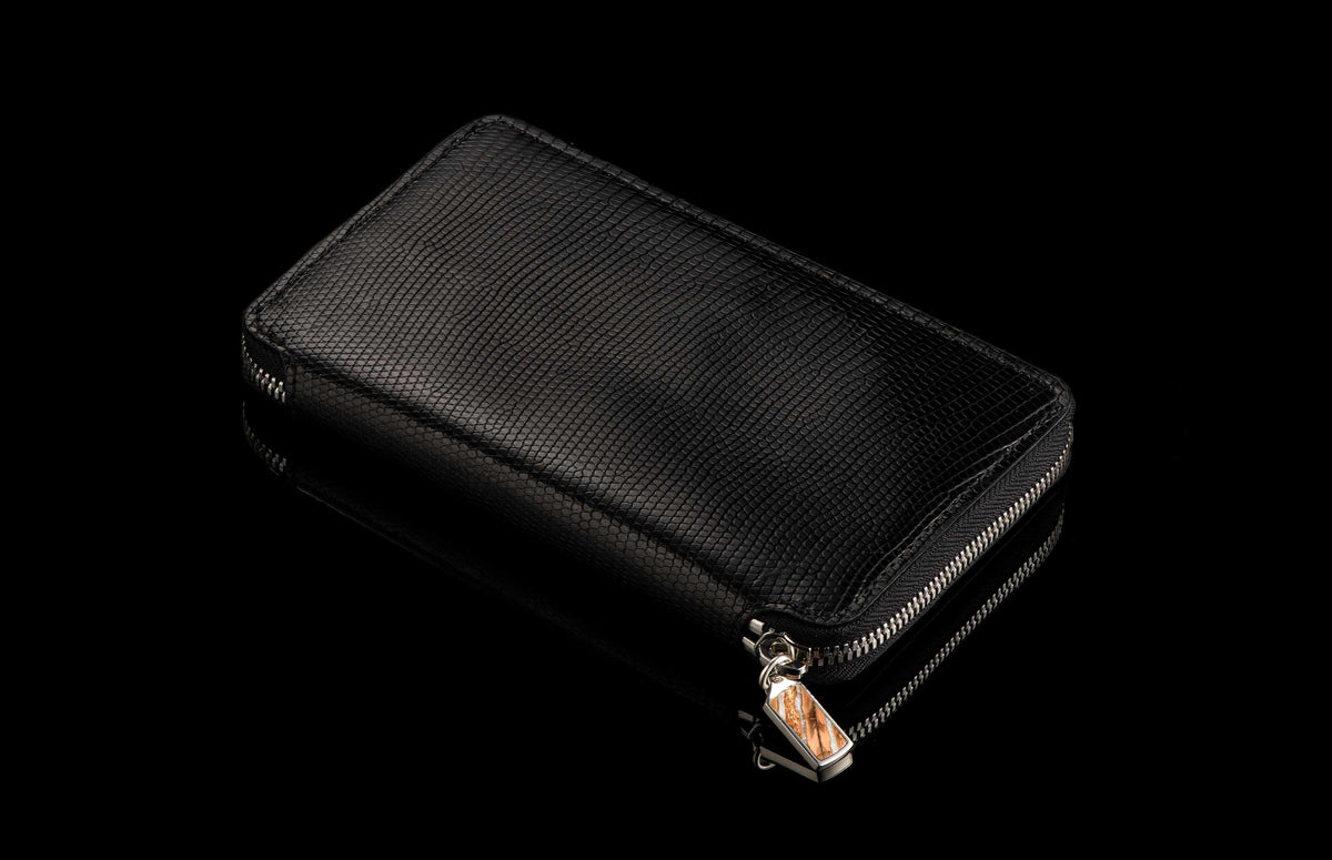 William Henry LEATHER Large Zipper Wallet - Midnight Lizard / Damascus ZW LIZ BLK DAM