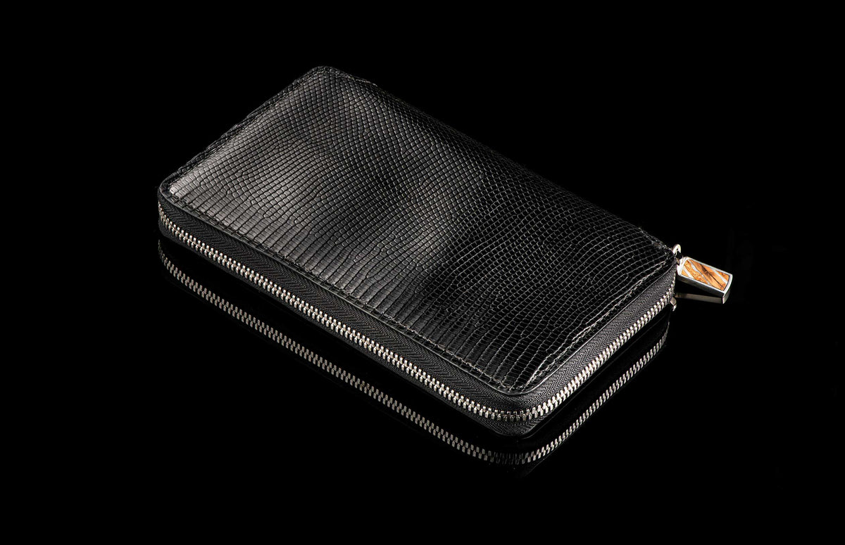 William Henry LEATHER Large Zipper Wallet - Midnight Lizard / Damascus ZW LIZ BLK DAM