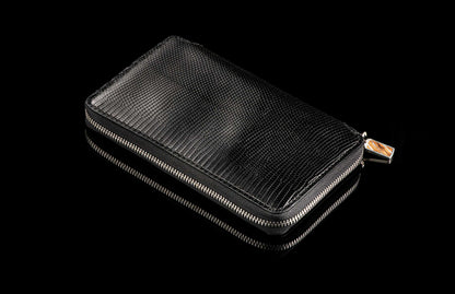 William Henry LEATHER Large Zipper Wallet - Midnight Lizard / Damascus ZW LIZ BLK DAM