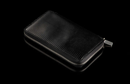 William Henry LEATHER Large Zipper Wallet - Midnight Lizard / Damascus ZW LIZ BLK DAM