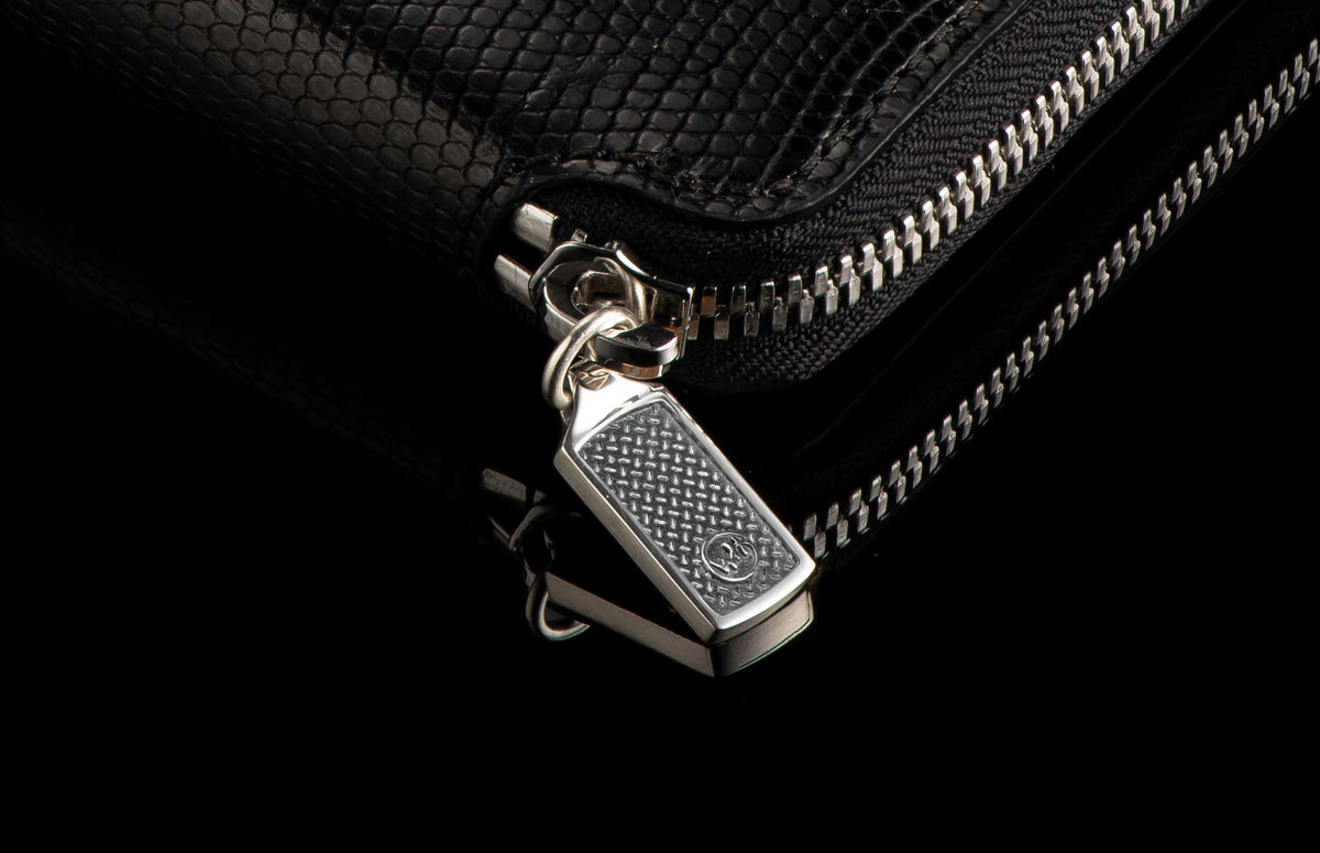 William Henry LEATHER Large Zipper Wallet - Midnight Lizard / Silver ZW LIZ BLK S