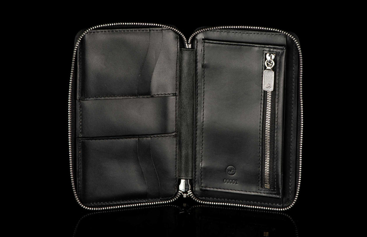 William Henry LEATHER Large Zipper Wallet - Midnight Lizard / Silver ZW LIZ BLK S