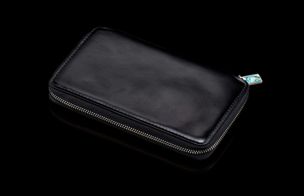 William Henry LEATHER Large Zipper Wallet - Midnight Lizard / Silver ZW LIZ BLK S